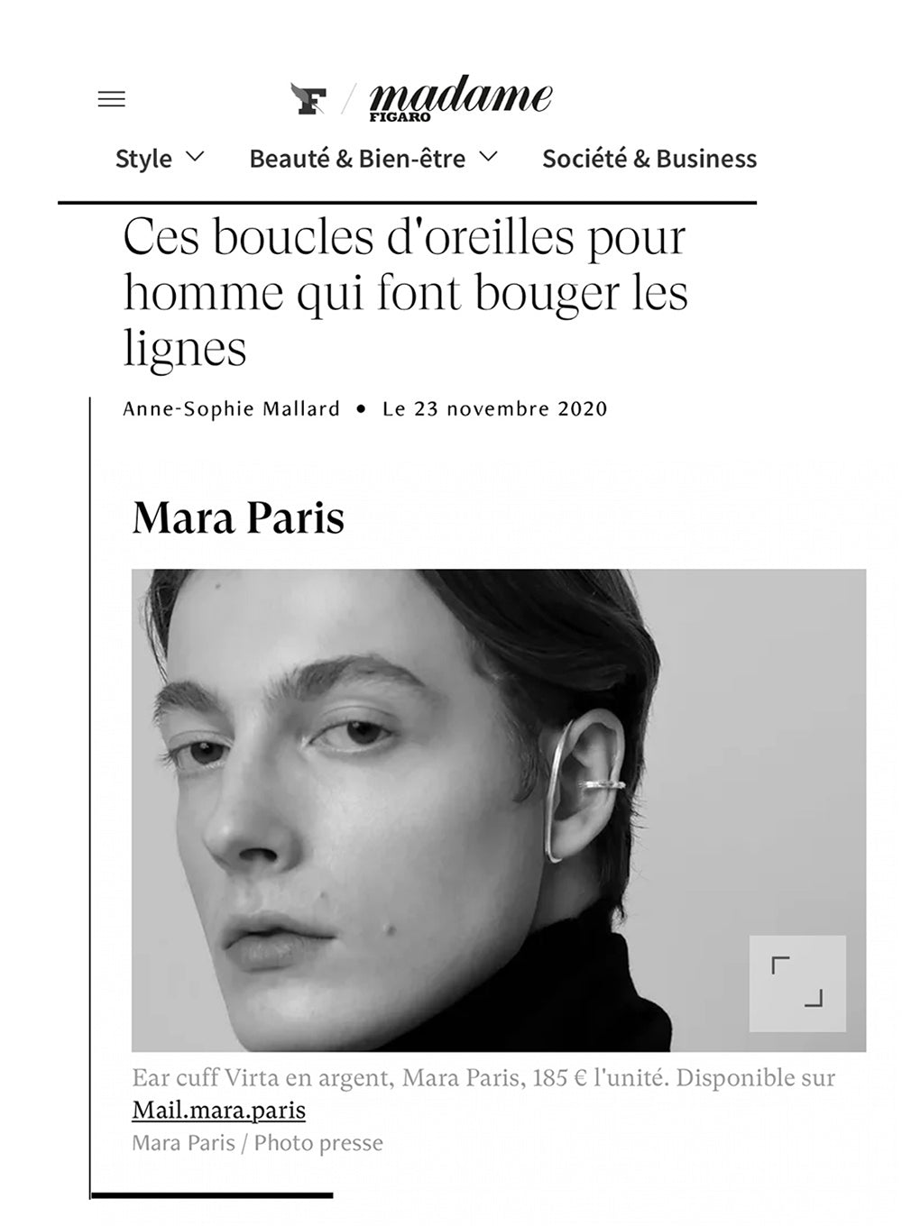 Madame FigaroがMara ParisのVirta Ear Cuffでメンズピアスを特集