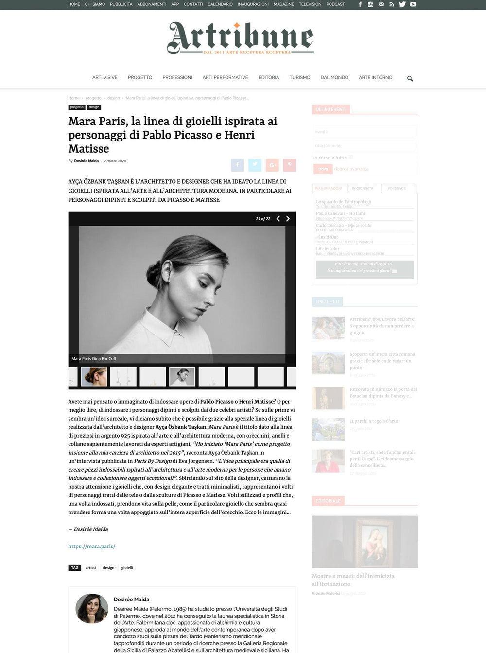 Artribune Features Mara Paris: Jewelry Inspired by Picasso and Matisse