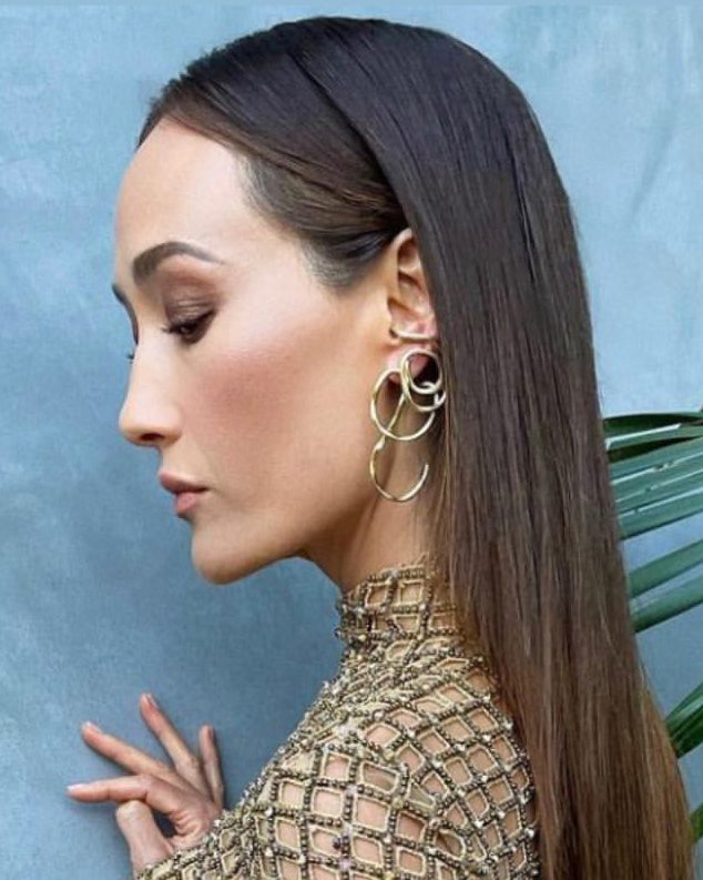 Maggie Q is wearing Aino Earrings in Gold Vermeil, Eli Earrings in Gold Vermeil