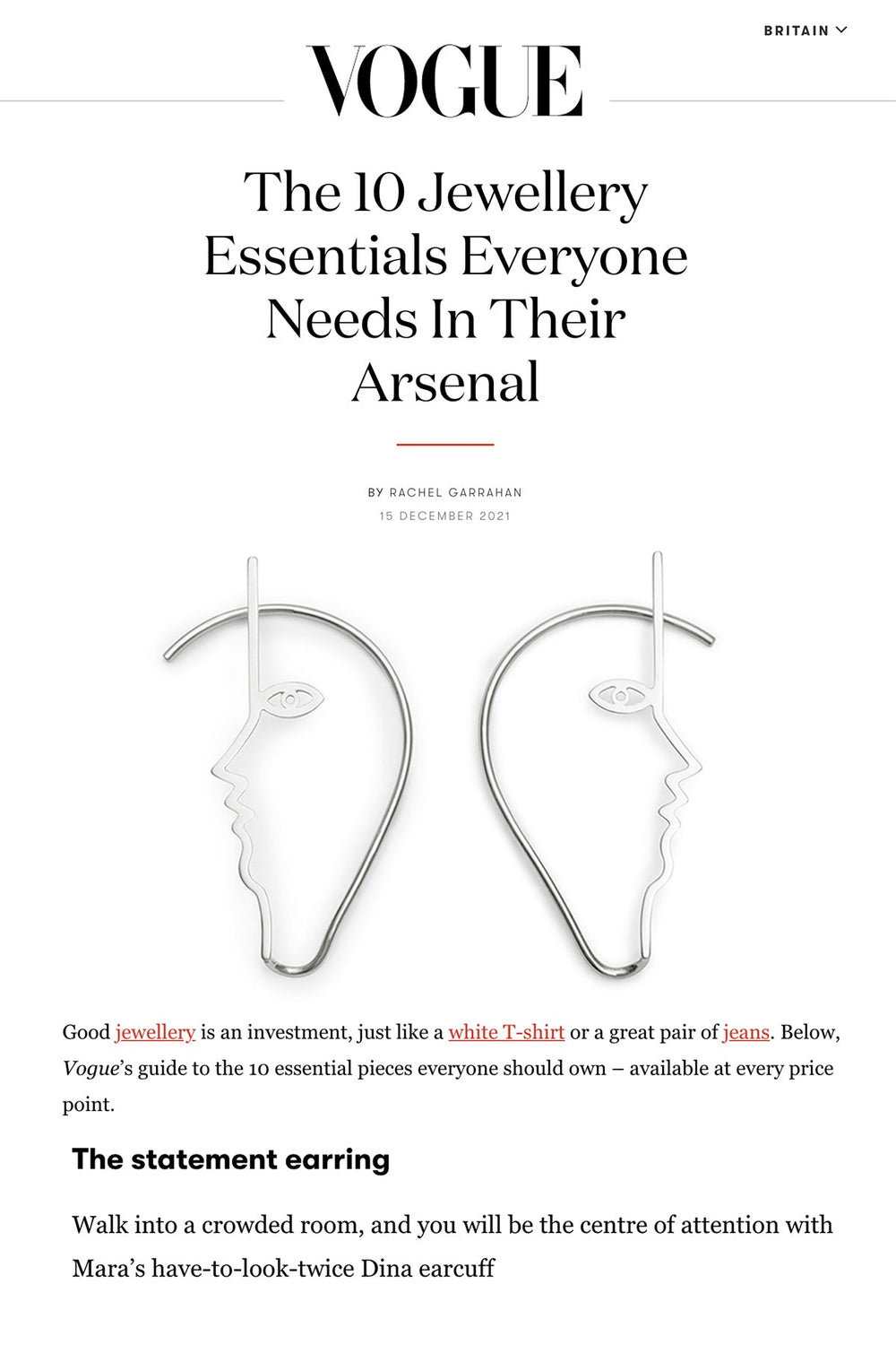 British Vogue Highlights the Dina Ear Cuff as a Statement Piece in "The 10 Jewellery Essentials