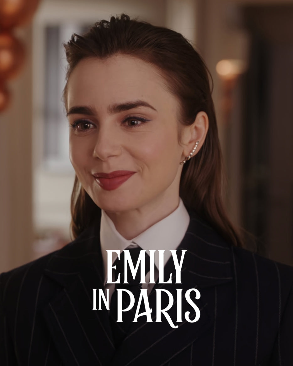 Emily (Lily Collins) is wearing Memories Huggie Earrings in Emily in Paris Season 4 Episode 9