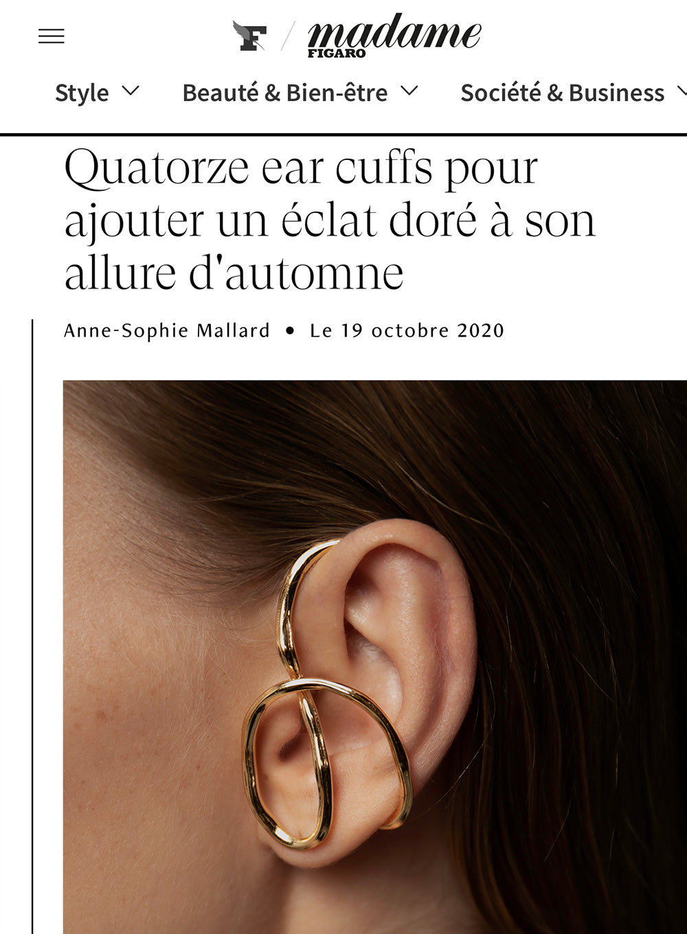 Madame Figaro Features Mara Paris' Aino Earrings in "Fourteen Ear Cuffs to Add a Golden Glow"